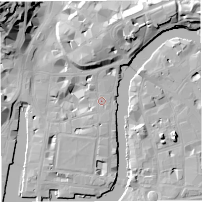 Shaded relief map of the ground around BS11DQ, computed from Environment Agency LiDAR. The ground here sits at about 9 m above sea level and falls 33 m across the surrounding 800 m. Surface water reaching this point runs off ground lying to the west-north-west, 12.6 m higher.