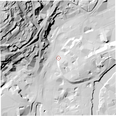 Shaded relief map of the ground around BS11EB, computed from Environment Agency LiDAR. The ground here sits at about 10 m above sea level and falls 74 m across the surrounding 800 m. Surface water reaching this point runs off ground lying to the east-south-east, 8.5 m higher.
