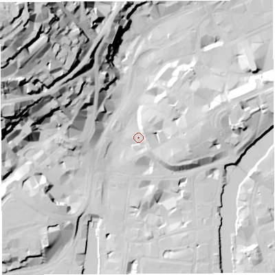 Shaded relief map of the ground around BS11EL, computed from Environment Agency LiDAR. The ground here sits at about 10 m above sea level and falls 74 m across the surrounding 800 m. Surface water reaching this point runs off ground lying to the east, 8.0 m higher.