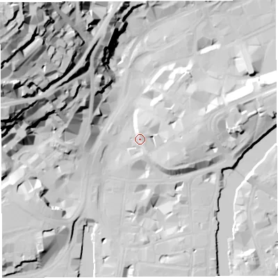 Shaded relief map of the ground around BS11EQ, computed from Environment Agency LiDAR. The ground here sits at about 12 m above sea level and falls 74 m across the surrounding 800 m. Surface water reaching this point runs off ground lying to the north, 4.7 m higher.