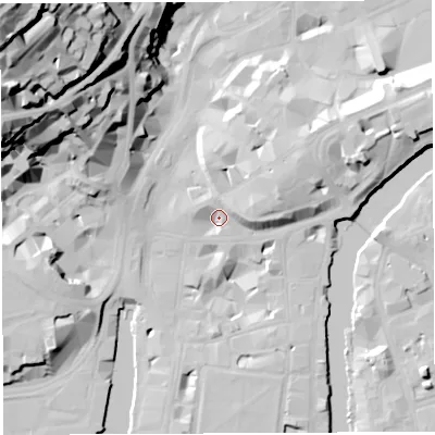 Shaded relief map of the ground around BS11JR, computed from Environment Agency LiDAR. The ground here sits at about 9 m above sea level and falls 69 m across the surrounding 800 m. Surface water reaching this point runs off ground lying to the east-north-east, 8.8 m higher.