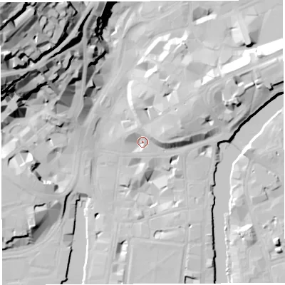 Shaded relief map of the ground around BS11JS, computed from Environment Agency LiDAR. The ground here sits at about 9 m above sea level and falls 68 m across the surrounding 800 m. Surface water reaching this point runs off ground lying to the east-north-east, 8.8 m higher.