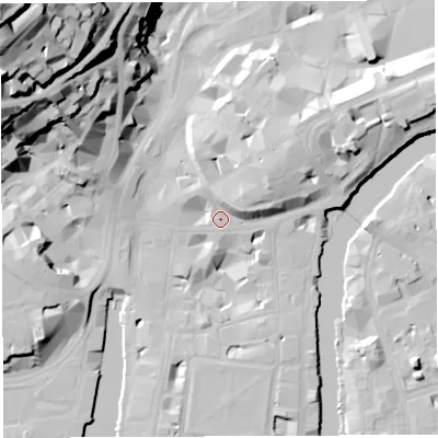Shaded relief map of the ground around BS11LT, computed from Environment Agency LiDAR. The ground here sits at about 10 m above sea level and falls 65 m across the surrounding 800 m. Surface water reaching this point runs off ground lying to the north-east, 8.8 m higher.