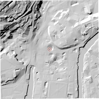 Shaded relief map of the ground around BS11NA, computed from Environment Agency LiDAR. The ground here sits at about 8 m above sea level and falls 68 m across the surrounding 800 m. Surface water reaching this point runs off ground lying to the east-north-east, 8.8 m higher.