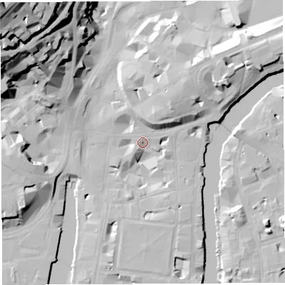 Shaded relief map of the ground around BS11NG, computed from Environment Agency LiDAR. The ground here sits at about 9 m above sea level and falls 58 m across the surrounding 800 m. Surface water reaching this point runs off ground lying to the west, 14.3 m higher.