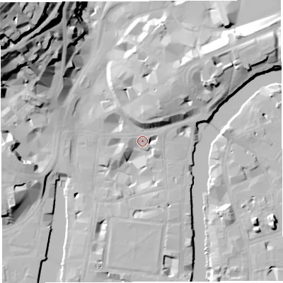 Shaded relief map of the ground around BS11NR, computed from Environment Agency LiDAR. The ground here sits at about 9 m above sea level and falls 53 m across the surrounding 800 m. Surface water reaching this point runs off ground lying to the west, 14.2 m higher.