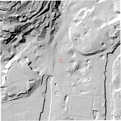 Shaded relief map of the ground around BS11NS, computed from Environment Agency LiDAR. The ground here sits at about 9 m above sea level and falls 66 m across the surrounding 800 m. Surface water reaching this point runs off ground lying to the west-north-west, 36.2 m higher.
