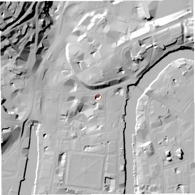 Shaded relief map of the ground around BS11PN, computed from Environment Agency LiDAR. The ground here sits at about 7 m above sea level and falls 50 m across the surrounding 800 m. Surface water reaching this point runs off ground lying to the west, 13.8 m higher.