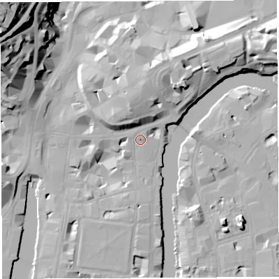 Shaded relief map of the ground around BS11QB, computed from Environment Agency LiDAR. The ground here sits at about 9 m above sea level and falls 43 m across the surrounding 800 m. Surface water reaching this point runs off ground lying to the north-west, 0.9 m higher.