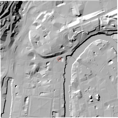 Shaded relief map of the ground around BS11QP, computed from Environment Agency LiDAR. The ground here sits at about 9 m above sea level and falls 42 m across the surrounding 800 m. Surface water reaching this point runs off ground lying to the north, 12.7 m higher.