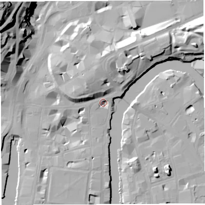 Shaded relief map of the ground around BS11QW, computed from Environment Agency LiDAR. The ground here sits at about 8 m above sea level and falls 40 m across the surrounding 800 m. Surface water reaching this point runs off ground lying to the north, 12.7 m higher.
