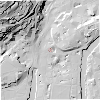 Shaded relief map of the ground around BS11RT, computed from Environment Agency LiDAR. The ground here sits at about 9 m above sea level and falls 70 m across the surrounding 800 m. Surface water reaching this point runs off ground lying to the north-north-east, 3.5 m higher.
