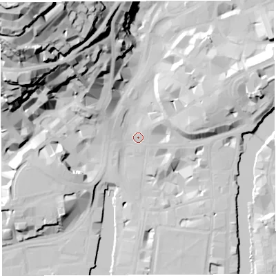 Shaded relief map of the ground around BS11RU, computed from Environment Agency LiDAR. The ground here sits at about 9 m above sea level and falls 69 m across the surrounding 800 m. Surface water reaching this point runs off ground lying to the east-north-east, 8.3 m higher.