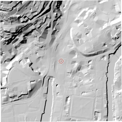 Shaded relief map of the ground around BS11SA, computed from Environment Agency LiDAR. The ground here sits at about 9 m above sea level and falls 66 m across the surrounding 800 m. Surface water reaching this point runs off ground lying to the west-north-west, 36.2 m higher.