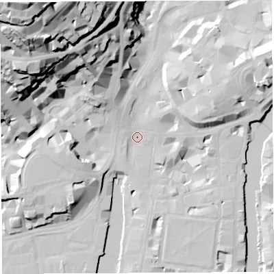 Shaded relief map of the ground around BS11SD, computed from Environment Agency LiDAR. The ground here sits at about 9 m above sea level and falls 66 m across the surrounding 800 m. Surface water reaching this point runs off ground lying to the west-north-west, 36.2 m higher.