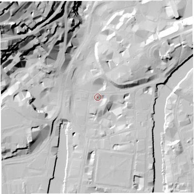 Shaded relief map of the ground around BS11SE, computed from Environment Agency LiDAR. The ground here sits at about 9 m above sea level and falls 64 m across the surrounding 800 m. Surface water reaching this point runs off ground lying to the north-east, 8.8 m higher.