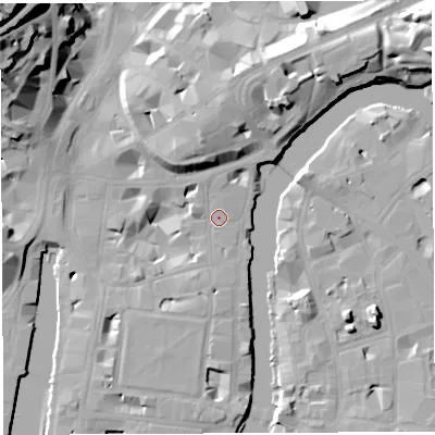 Shaded relief map of the ground around BS11WH, computed from Environment Agency LiDAR. The ground here sits at about 9 m above sea level and falls 41 m across the surrounding 800 m. Surface water reaching this point runs off ground lying to the west-north-west, 12.6 m higher.