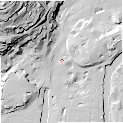 Shaded relief map of the ground around BS11XH, computed from Environment Agency LiDAR. The ground here sits at about 9 m above sea level and falls 73 m across the surrounding 800 m. Surface water reaching this point runs off ground lying to the east-north-east, 8.3 m higher.