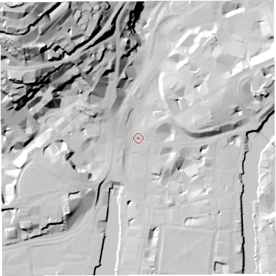 Shaded relief map of the ground around BS11XR, computed from Environment Agency LiDAR. The ground here sits at about 9 m above sea level and falls 69 m across the surrounding 800 m. Surface water reaching this point runs off ground lying to the east-north-east, 8.3 m higher.
