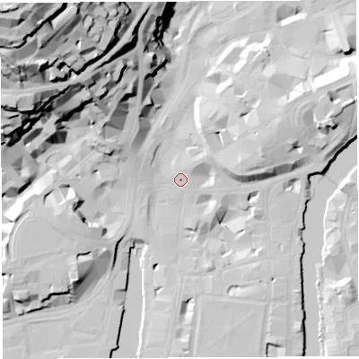 Shaded relief map of the ground around BS11XU, computed from Environment Agency LiDAR. The ground here sits at about 9 m above sea level and falls 69 m across the surrounding 800 m. Surface water reaching this point runs off ground lying to the north-east, 1.7 m higher.