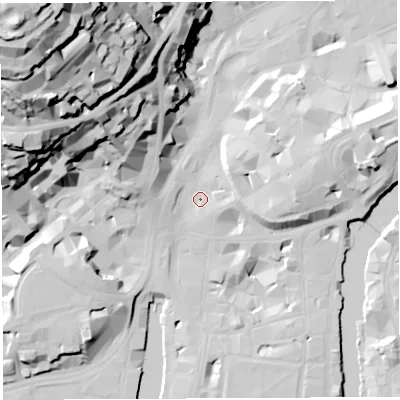Shaded relief map of the ground around BS11YL, computed from Environment Agency LiDAR. The ground here sits at about 9 m above sea level and falls 74 m across the surrounding 800 m. Surface water reaching this point runs off ground lying to the east, 8.3 m higher.