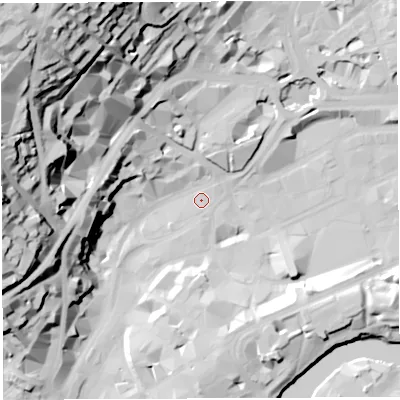 Shaded relief map of the ground around BS12AA, computed from Environment Agency LiDAR. The ground here sits at about 9 m above sea level and falls 68 m across the surrounding 800 m. Surface water reaching this point runs off ground lying to the north-west, 67.3 m higher.