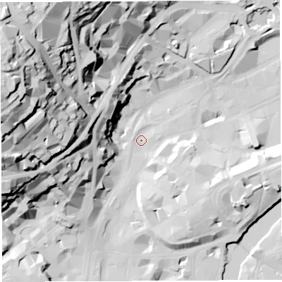 Shaded relief map of the ground around BS12AF, computed from Environment Agency LiDAR. The ground here sits at about 9 m above sea level and falls 74 m across the surrounding 800 m. Surface water reaching this point runs off ground lying to the west-south-west, 29.5 m higher.