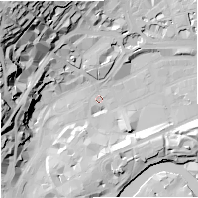 Shaded relief map of the ground around BS12AG, computed from Environment Agency LiDAR. The ground here sits at about 8 m above sea level and falls 64 m across the surrounding 800 m. Surface water reaching this point runs off ground lying to the west-south-west, 27.8 m higher.