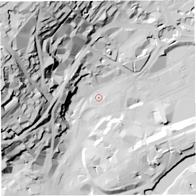 Shaded relief map of the ground around BS12AL, computed from Environment Agency LiDAR. The ground here sits at about 9 m above sea level and falls 69 m across the surrounding 800 m. Surface water reaching this point runs off ground lying to the west-south-west, 30.2 m higher.