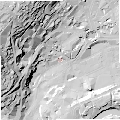 Shaded relief map of the ground around BS12AX, computed from Environment Agency LiDAR. The ground here sits at about 10 m above sea level and falls 68 m across the surrounding 800 m. Surface water reaching this point runs off ground lying to the north-west, 67.6 m higher.