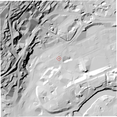 Shaded relief map of the ground around BS12BE, computed from Environment Agency LiDAR. The ground here sits at about 9 m above sea level and falls 65 m across the surrounding 800 m. Surface water reaching this point runs off ground lying to the south-east, 13.4 m higher.