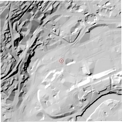 Shaded relief map of the ground around BS12BG, computed from Environment Agency LiDAR. The ground here sits at about 9 m above sea level and falls 65 m across the surrounding 800 m. Surface water reaching this point runs off ground lying to the south-east, 13.4 m higher.