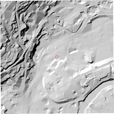 Shaded relief map of the ground around BS12BJ, computed from Environment Agency LiDAR. The ground here sits at about 9 m above sea level and falls 65 m across the surrounding 800 m. Surface water reaching this point runs off ground lying to the south-south-east, 6.2 m higher.