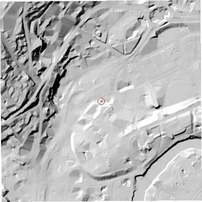 Shaded relief map of the ground around BS12BN, computed from Environment Agency LiDAR. The ground here sits at about 10 m above sea level and falls 64 m across the surrounding 800 m. Surface water reaching this point runs off ground lying to the south, 6.2 m higher.
