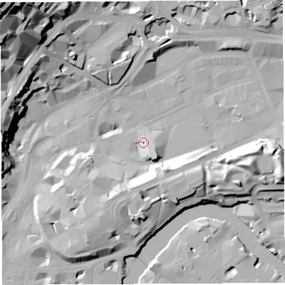 Shaded relief map of the ground around BS12DJ, computed from Environment Agency LiDAR. The ground here sits at about 10 m above sea level and falls 51 m across the surrounding 800 m. Surface water reaching this point runs off ground lying to the east-south-east, 15.2 m higher.