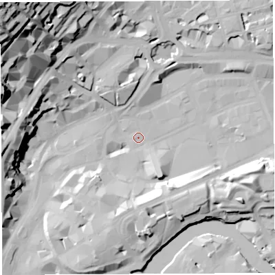 Shaded relief map of the ground around BS12DL, computed from Environment Agency LiDAR. The ground here sits at about 9 m above sea level and falls 62 m across the surrounding 800 m. Surface water reaching this point runs off ground lying to the north, 18.6 m higher.