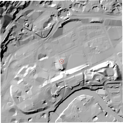 Shaded relief map of the ground around BS12DP, computed from Environment Agency LiDAR. The ground here sits at about 11 m above sea level and falls 47 m across the surrounding 800 m. Surface water reaching this point runs off ground lying to the east-south-east, 14.6 m higher.