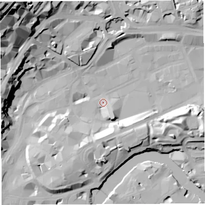 Shaded relief map of the ground around BS12DS, computed from Environment Agency LiDAR. The ground here sits at about 9 m above sea level and falls 53 m across the surrounding 800 m. Surface water reaching this point runs off ground lying to the east-south-east, 15.2 m higher.