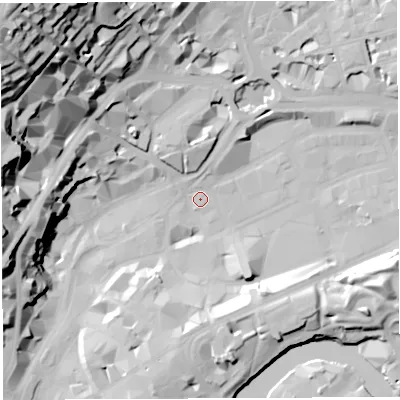 Shaded relief map of the ground around BS12DU, computed from Environment Agency LiDAR. The ground here sits at about 9 m above sea level and falls 64 m across the surrounding 800 m. Surface water reaching this point runs off ground lying to the north, 18.6 m higher.