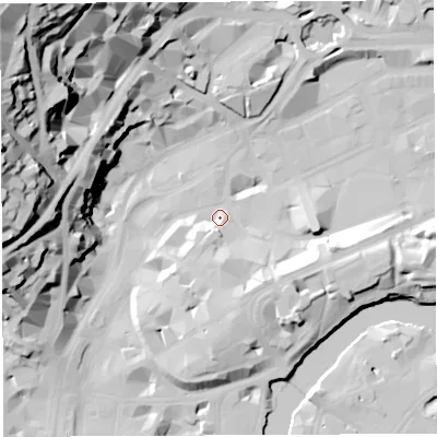 Shaded relief map of the ground around BS12HZ, computed from Environment Agency LiDAR. The ground here sits at about 10 m above sea level and falls 62 m across the surrounding 800 m. Surface water reaching this point runs off ground lying to the south-south-west, 6.7 m higher.