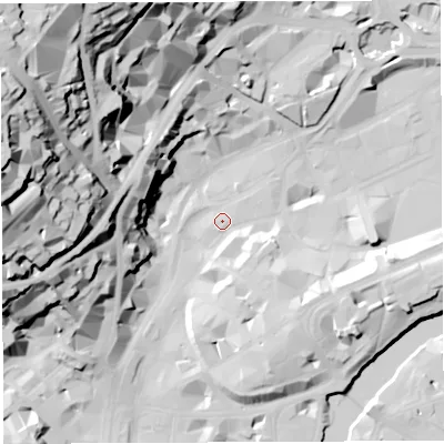 Shaded relief map of the ground around BS12JT, computed from Environment Agency LiDAR. The ground here sits at about 10 m above sea level and falls 67 m across the surrounding 800 m. Surface water reaching this point runs off ground lying to the south-south-west, 1.4 m higher.