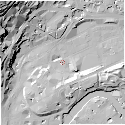 Shaded relief map of the ground around BS12JY, computed from Environment Agency LiDAR. The ground here sits at about 9 m above sea level and falls 57 m across the surrounding 800 m. Surface water reaching this point runs off ground lying to the east-south-east, 15.2 m higher.