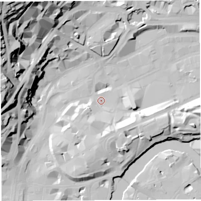 Shaded relief map of the ground around BS12LA, computed from Environment Agency LiDAR. The ground here sits at about 9 m above sea level and falls 59 m across the surrounding 800 m. Surface water reaching this point runs off ground lying to the south-east, 11.6 m higher.