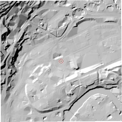 Shaded relief map of the ground around BS12LE, computed from Environment Agency LiDAR. The ground here sits at about 9 m above sea level and falls 58 m across the surrounding 800 m. Surface water reaching this point runs off ground lying to the south-south-east, 11.6 m higher.