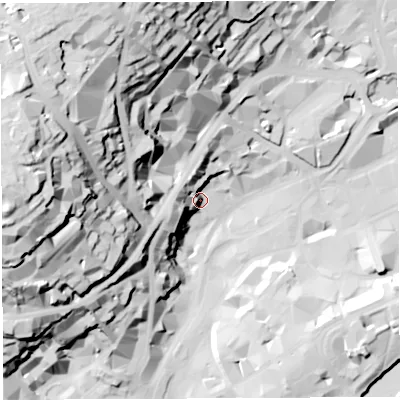 Shaded relief map of the ground around BS12LJ, computed from Environment Agency LiDAR. The ground here sits at about 15 m above sea level and falls 73 m across the surrounding 800 m. Surface water reaching this point runs off ground lying to the west-south-west, 20.9 m higher.