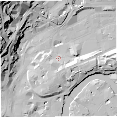 Shaded relief map of the ground around BS12LZ, computed from Environment Agency LiDAR. The ground here sits at about 12 m above sea level and falls 54 m across the surrounding 800 m. Surface water reaching this point runs off ground lying to the south-south-east, 9.2 m higher.