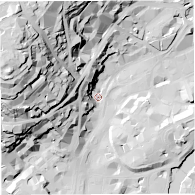 Shaded relief map of the ground around BS12NH, computed from Environment Agency LiDAR. The ground here sits at about 8 m above sea level and falls 74 m across the surrounding 800 m. Surface water reaching this point runs off ground lying to the west-north-west, 65.7 m higher.