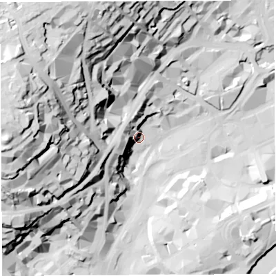 Shaded relief map of the ground around BS12NN, computed from Environment Agency LiDAR. The ground here sits at about 15 m above sea level and falls 73 m across the surrounding 800 m. Surface water reaching this point runs off ground lying to the west-south-west, 22.8 m higher.