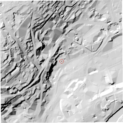 Shaded relief map of the ground around BS12NR, computed from Environment Agency LiDAR. The ground here sits at about 10 m above sea level and falls 73 m across the surrounding 800 m. Surface water reaching this point runs off ground lying to the west, 65.7 m higher.
