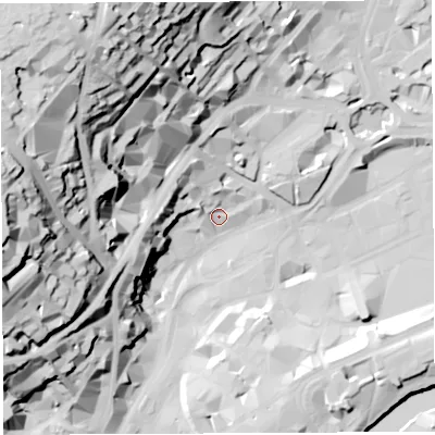 Shaded relief map of the ground around BS12NT, computed from Environment Agency LiDAR. The ground here sits at about 11 m above sea level and falls 69 m across the surrounding 800 m. Surface water reaching this point runs off ground lying to the west, 65.0 m higher.